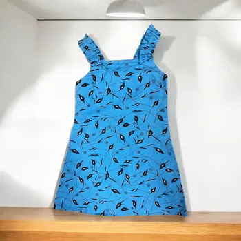 Dívčí šaty Šaty modré s lístečky 110-128, velikost 128, Barva středně modrá, Složení materiálu 100% Bavlna