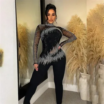 Dámský overall Večerní slim overal s kamínky Barva: Černá, Velikost: XL