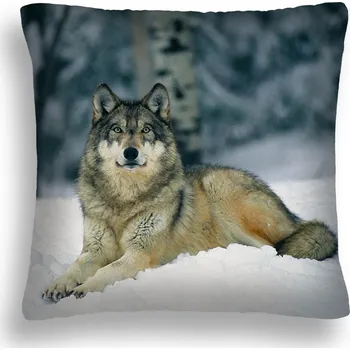 Polštář POLŠTÁŘ VLK 12 ZIMA LES VÁNOČNÍ STROMEČKY KOŽEŠINA POLŠTÁŘ BÉŽOVÁ 70x80