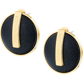 Náušnice Trussardi Jedinečné pozlacené náušnice s černou kůží T-Round TJAYF01 + 2 měsíce na vrácení zboží