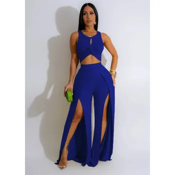 Letní sada top a kalhoty s rozparky Barva: Modrá, Velikost: L