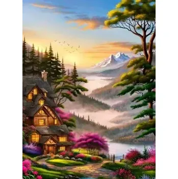 Diamantové malování Diamantové malování/Homfun - Chata v podvečerním údolí + perleťové kamínky