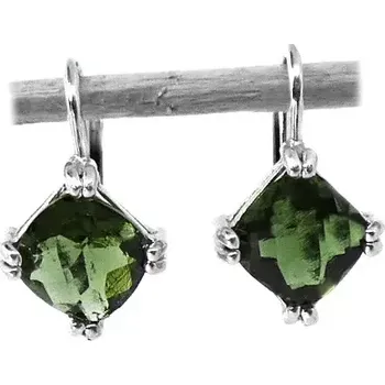 Náušnice Stříbrné náušnice přírodní vltavín - NK1258 šachovnice (Stříbrné náušnice s přírodním vltavínem 7x7 mm)