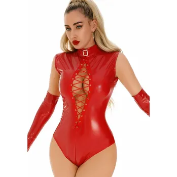 Dámské erotické body Wetlook body s vázáním Barva: Červená, Velikost: XL
