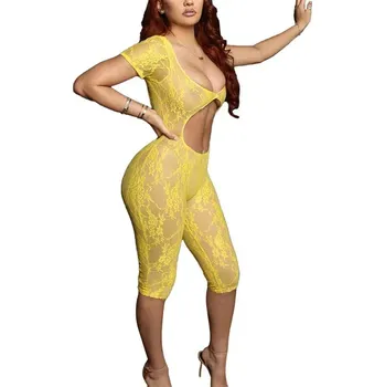 Krajkový overal s odhaleným břichem Barva: Žlutá, Velikost: M