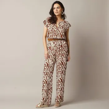 Dámský overall Dlouhý overal, krepon s potiskem karamelová/režná 44