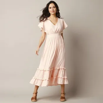 Dámské šaty Dlouhé šaty s volánovými rukávy růžová pudrová 52