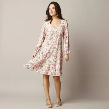 Dámské šaty Krátké šaty s potiskem, plisovaný úplet režná/růžová 38/40