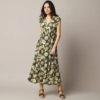 Dámské šaty Dlouhé šaty bez rukávů, krepon s potiskem khaki 40