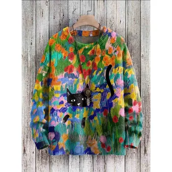 Dámský svetr Unisex svetr s potiskem CS1118 kočka Mona Lisa Velikost: M, Barva (Varianta): Svetr 2