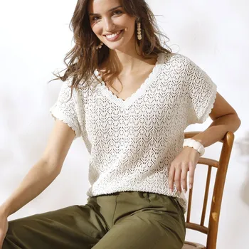 Dámský svetr Ažurový pulovr s krátkými rukávy režná 50