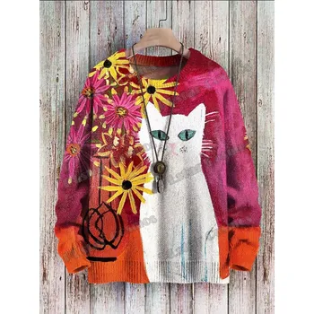 Dámský svetr Unisex svetr s potiskem CS1123 kočka a květiny Velikost: M, Barva (Varianta): Svetr 8