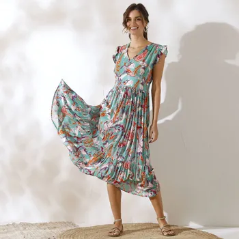 Dámské šaty Dlouhé šaty s potiskem, krepon zelená/růžová 40