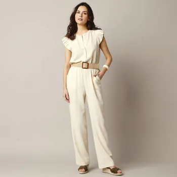 Dámský overall Jednobarevný dlouhý overal, s příměsí lnu písková 38