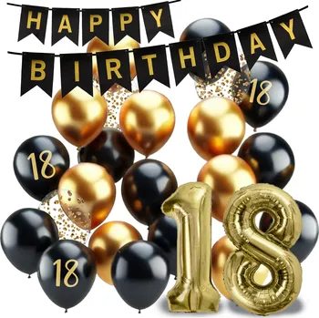 Balónek BALÓNKY číslice sada 18 LET konfety ČERNÉ ZLATÉ banner