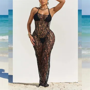 Dámské šaty Siťované plážové šaty délky maxi Barva: Černá, Velikost: XL