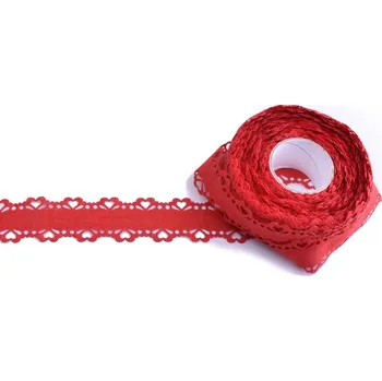 Stuha Stuha se lněným vzhledem červená srdíčka 25 mm - 1m