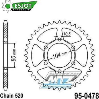 Řetězová sada pro motocykl Rozeta ocelová (převodník) 0478-43zubů ESJOT 50-32009-43 - Kawasaki ZX6R + ZX6RR + Z650 + Z750 + Z750R + ZXR400 + Z800 + EN650 Vulcan-S + EX650 Ninja 650ABS + EX650 Ninja 650SE + KLE650 Versys + KLE65 KAWASAKI GPZ 550 1983-1991