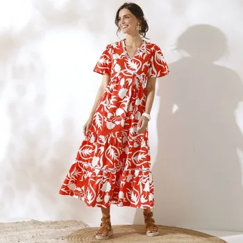 Dámské šaty Dlouhé šaty s potiskem a háčkovanými detaily oranžová/režná 42