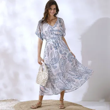 Dámské šaty Šaty s výstřihem do V a potiskem režná/modrá 46