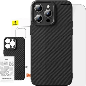 Pouzdro na mobilní telefon Pouzdro Baseus Carbon ze syntetických vláken pro iPhone 15 Pro + tvrzené sklo na displej