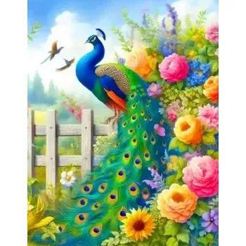Diamantové malování Diamantové malování/Homfun - Páv a barevné květiny v zahradě + perleťové kamínky