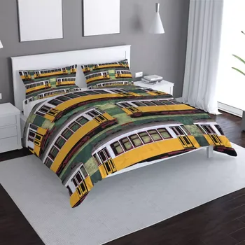 Povlečení Saténové povlečení Lisabonské historické tramvaje Zelený Pattern - Sablio - 140x220 / 90x70