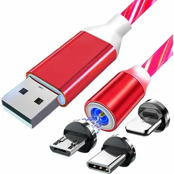 Datový kabel USB nabíjecí kabel s magnetickými konektory 3v1,s červeným podsvícením