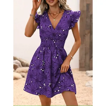 Dámské šaty Dámské letní šaty s květinovým potiskem (vel. S - XXL) Barva: Fialová, Velikost: M