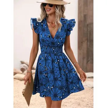 Dámské šaty Dámské letní šaty s květinovým potiskem (vel. S - XXL) Barva: modrá, Velikost: XXL