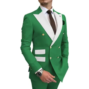 Dvouřadé pánské sako + kalhoty oblek 2v1 Barva: Zelená, Velikost: XS