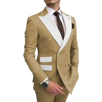 Dvouřadé pánské sako + kalhoty oblek 2v1 Barva: Khaki, Velikost: XS