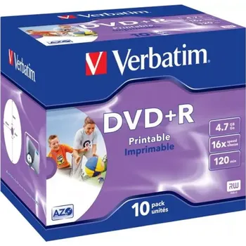 Optické médium Verbatim DVD+R Printable, 16x, 4,7GB, (10-Pack) jewel