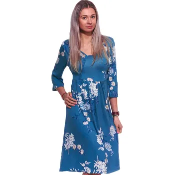 Dámská noční košile Luxusní dámská košilka s tříčtvrtečním rukávem a působivým celoplošným vzorem květin - azurová 1D1289 modrá m