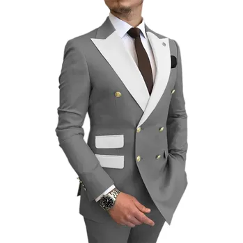 Pánský oblek Dvouřadé pánské sako + kalhoty oblek 2v1 Barva: Šedá, Velikost: S