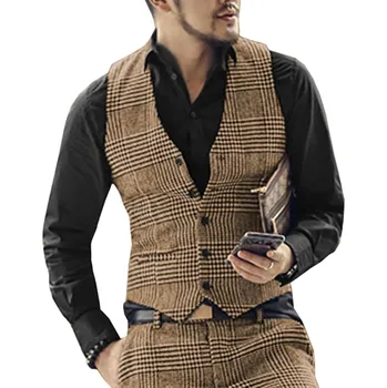 Pánská vesta Vlněná pánská vesta na společnost kostkovaný Barva: Hnědá, Velikost: M