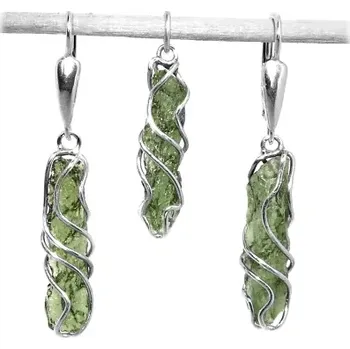 Náušnice Stříbrná souprava přívěsek a náušnice přírodní vltavín , Chlum (Stříbrná sada přívěsek a visací náušnice surový vltavín zdobený)