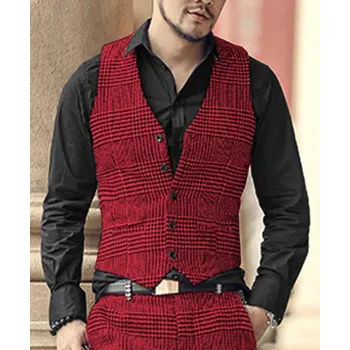 Pánská vesta Vlněná pánská vesta na společnost kostkovaný Barva: Červená, Velikost: XS