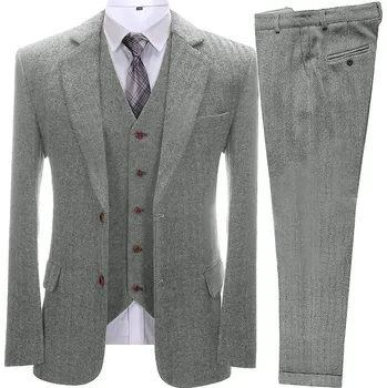 Pánský luxusní oblek tweed s vestou Barva: Stříbrná, Velikost: S