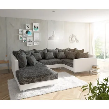 Pohovka Pohovka ve tvaru "U" Clovis bílo-černá se stoličkou a područkou