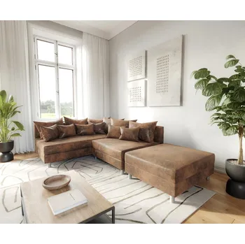 Pohovka Rohová pohovka Clovis hnědá vintage taburet lenoška levá