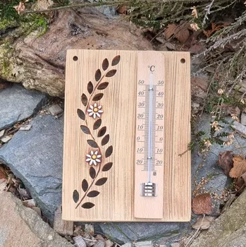 Domácí teploměr Keramický teploměr s větvičkou a květem (terakota)- dekorativní Motiv: Kytička - žlutý střed