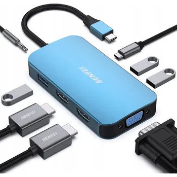 USB hub BENFEI USB-C HUB 8v1: HDMI, VGA, USB 3.0, Power Delivery a AUX (modrý)