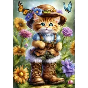 Diamantové malování Diamantové malování - Kotě v botách a kvítka (40x50) + perleťové kamínky