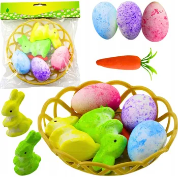 Velikonoční dekorace Velikonoční ozdoby v košíčku - Zajíčci, vajíčka, Mrkev, 6 Ks