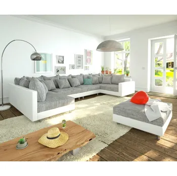 Pohovka Pohovka ve tvaru "U" Clovis XL bílá světle šedá taburet