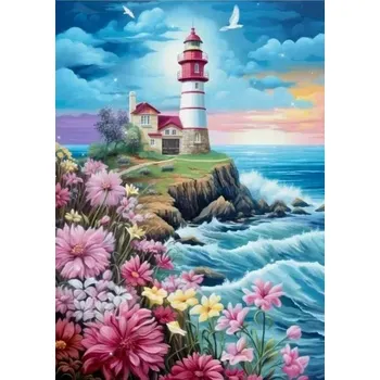 Diamantové malování Diamantové malování -Rozkvetlý maják + perleťové kamínky (50x70)