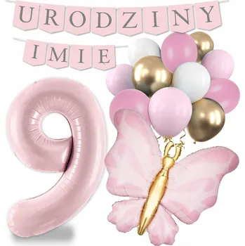 Party dekorace BALÓNKY sada dekorací k 9. narozeninám motýl banner nápis + JMÉNO