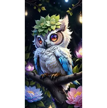 Diamantové malování Diamantové malování - Sovička na větvi (85 x 45) + třpytivé kamínky
