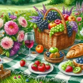 Diamantové malování Diamantové malování - Piknik (50 x 50) + perleťové kamínky